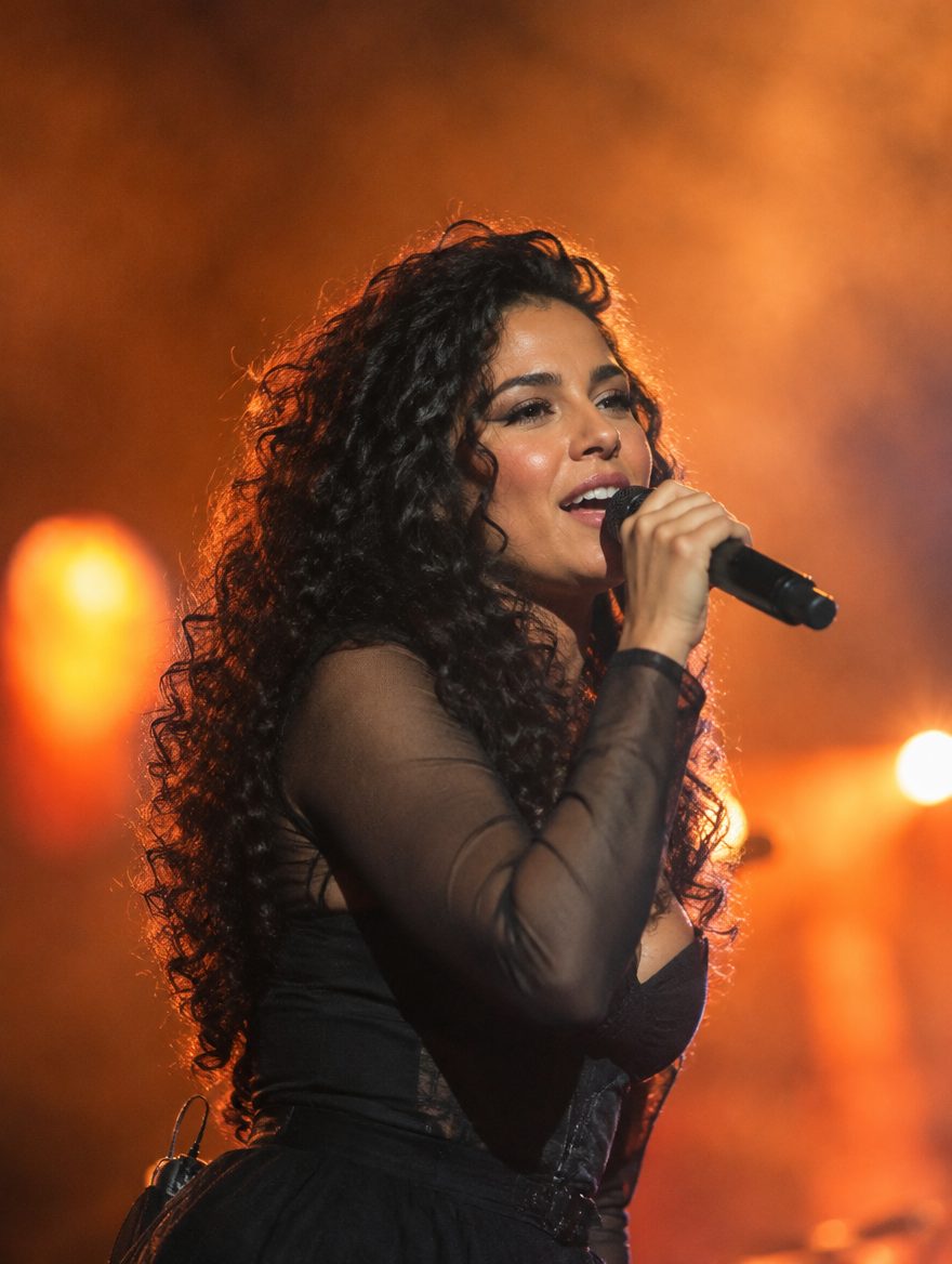 Foto vertical de uma cantora no palco com a marca d'água vertical aplicada