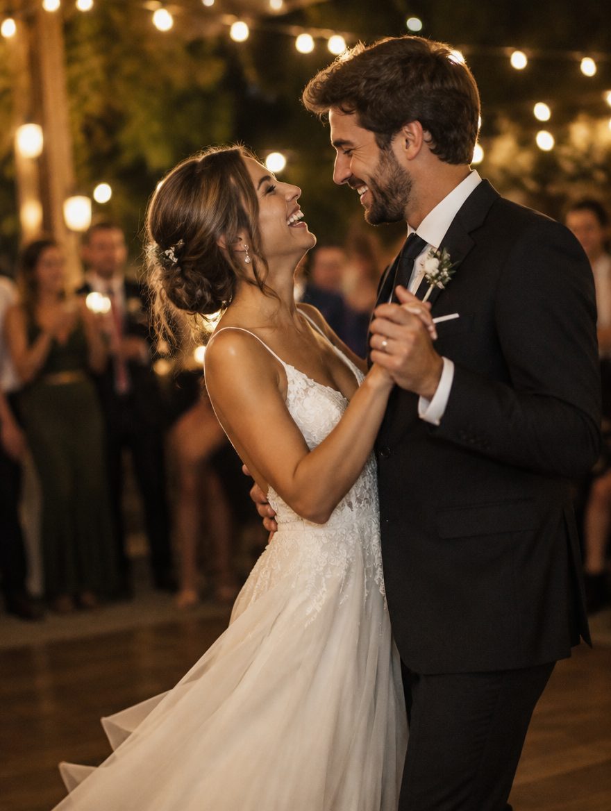 Casal dançando na festa de casamento, foto vertical com marca d'água