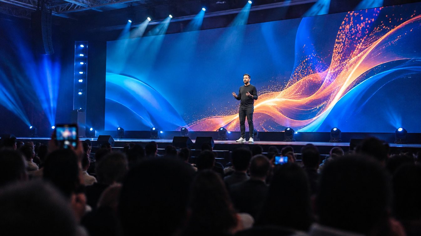 Palestrante no palco de um evento corporativo, foto horizontal com marca d'água