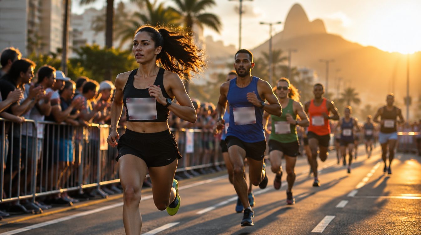 Corredores em uma corrida de rua ao nascer do sol, foto horizontal com marca d'água
